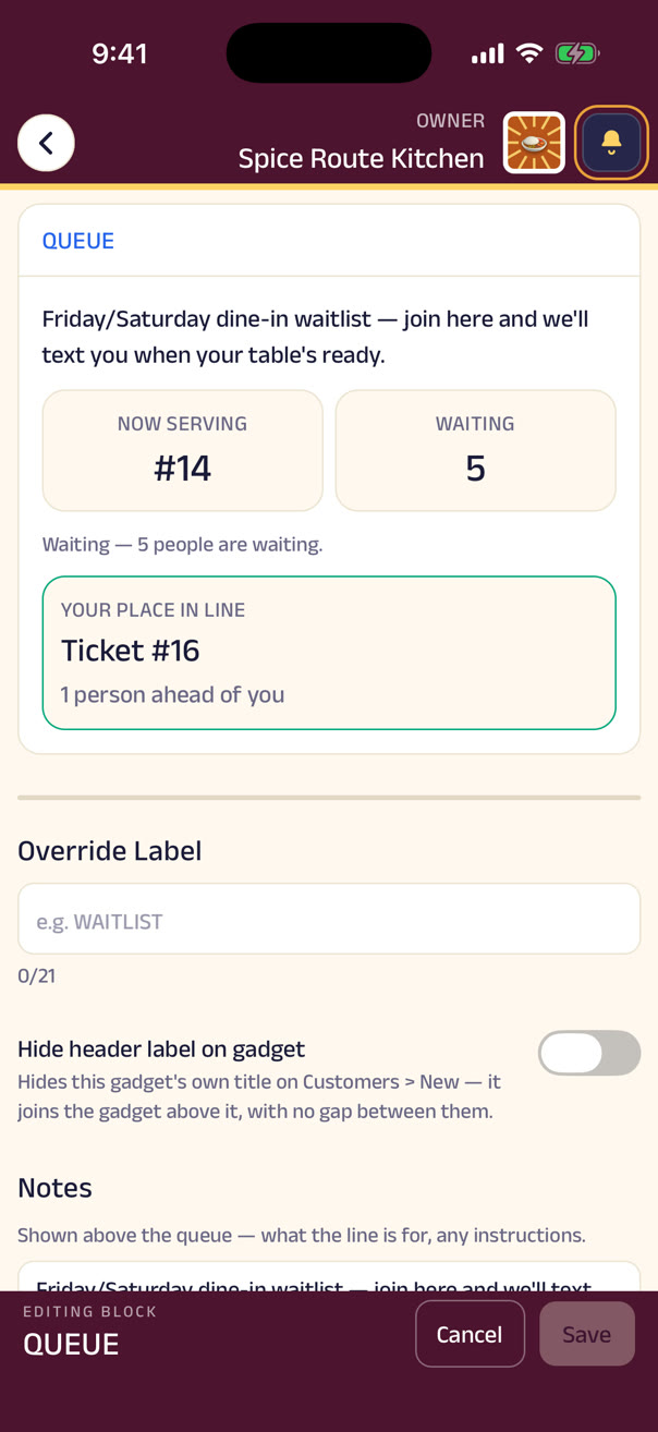 A restaurant's Friday waitlist — now serving, who is waiting, checked off as tables are served