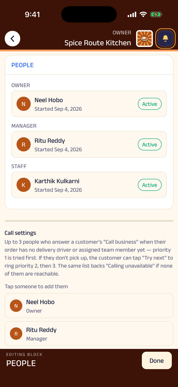 The team: owner, manager, staff — and who a customer's call reaches