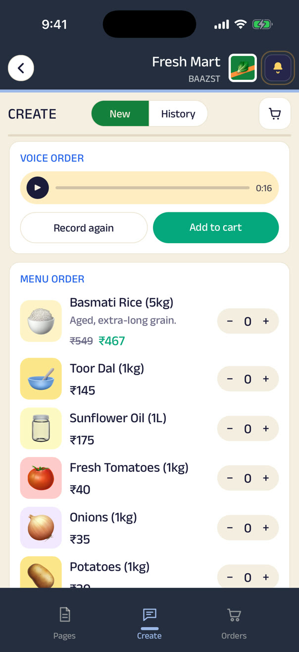 The Voice Order gadget on a grocery's Create tab — hold, talk, and the shop prices it up